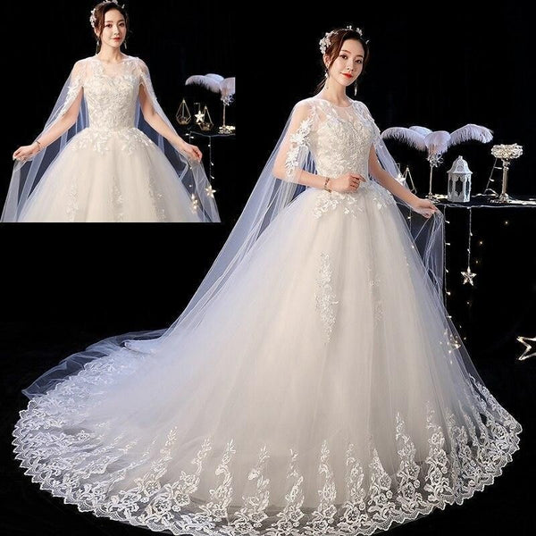 Off White O Neck Long Train Lace Applique Lace Up Wedding Gown | EdleessFashion