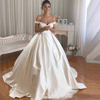 Off The Shoulder A-Line Bride Dress With Court Train | EdleessFashion