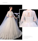 Off White O Neck Long Train Lace Applique Lace Up Wedding Gown | EdleessFashion