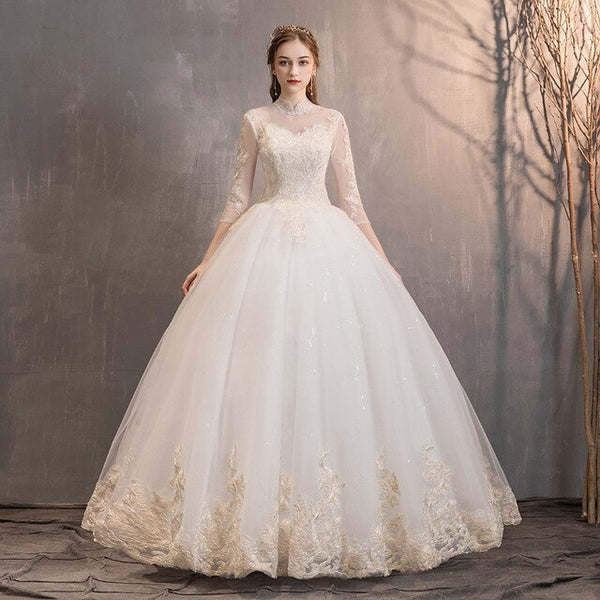 Wedding Dress High Neck Ball Gown Lace Appliques 3/4 Sleeve - EdleessFashion