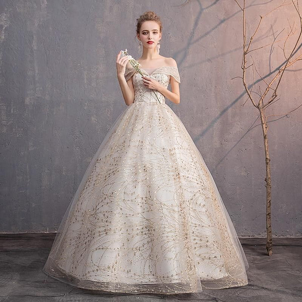 Luxury Gold Wedding Dresses V-Neck Off The Shoulder Lace Up Ball Gown | EdleessFashion