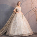 Luxury Gold Wedding Dresses V-Neck Off The Shoulder Lace Up Ball Gown | EdleessFashion