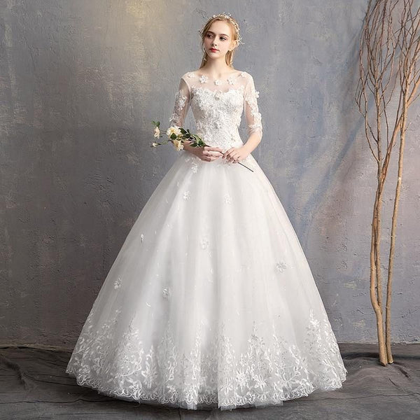 Luxury White Wedding Dresses Appliques Lace Up Half Sleeve | EdleessFashion