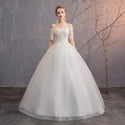 White Wedding Dresses Off The Shoulder Short Sleeve Lace Up - EdleessFashion