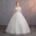 White Wedding Dresses Off The Shoulder Short Sleeve Lace Up Ball Gown | EdleessFashion