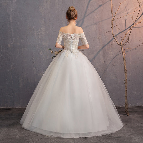White Wedding Dresses Off The Shoulder Short Sleeve Lace Up - EdleessFashion