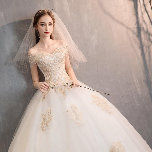 Luxury Wedding Dresses Lace Up Beaded Off The Shoulder V-Neck Ball Gown | EdleessFashion
