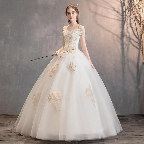 Luxury Wedding Dresses Lace Up Beaded Off The Shoulder V-Neck Ball Gown | EdleessFashion