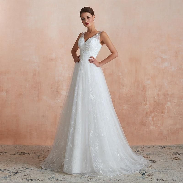 A-line Lace Boho Wedding Gown with Sweep Train | EdleessFashion