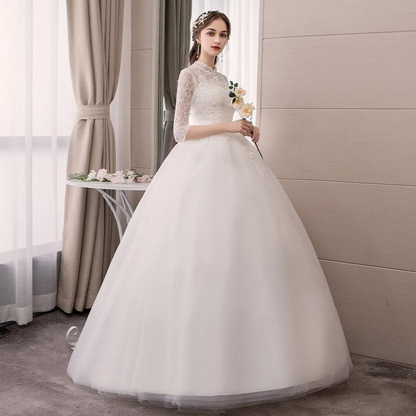 White Wedding Dresses Half Sleeve High Neck Lace Appliques Ball Gown - EdleessFashion