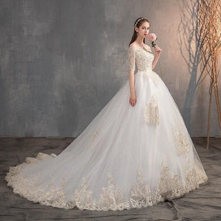 New Wedding Dress Off The Shoulder Half Sleeve Wedding Gown Lace Applique | EdleessFashion