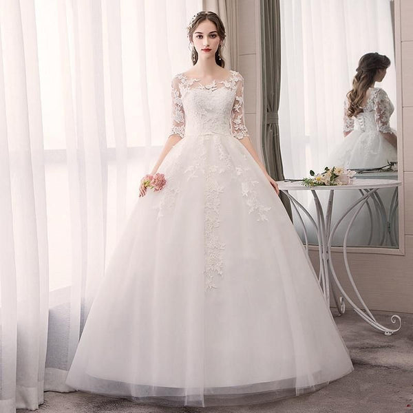 Elegant White Wedding Dresses O-Neck Half Sleeve Lace Appliques | EdleessFashion