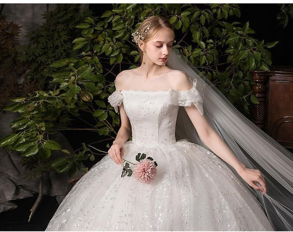 Sexy Classic Boat Neck Off The Shoulder Slim Princess Lace Up Wedding Gown | EdleessFashion