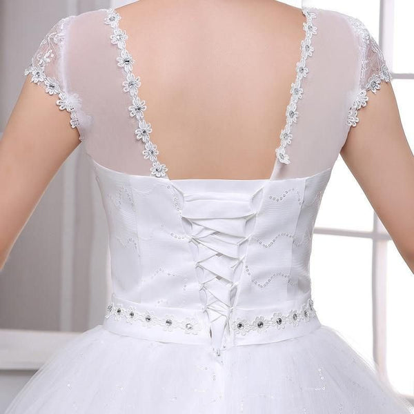 Elegant White Wedding Dresses Ball Gown O-Neck Short Sleeve Lace Up Crystal | EdleessFashion