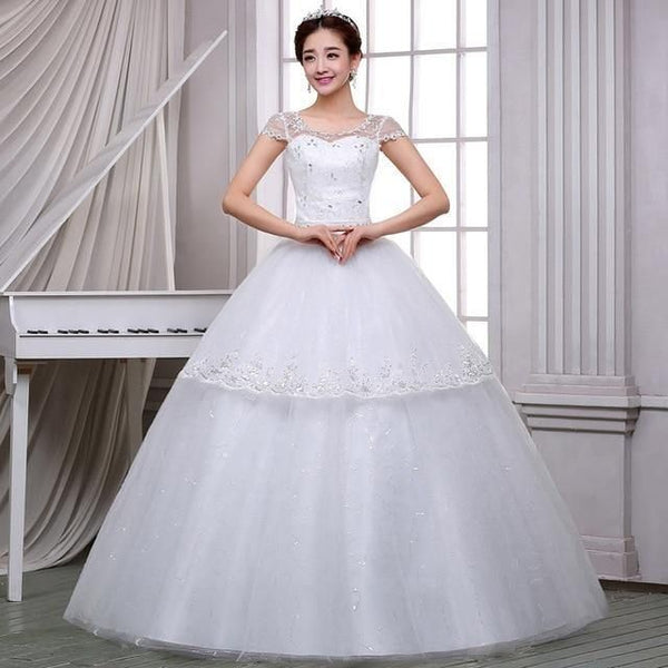 Elegant White Wedding Dresses Ball Gown O-Neck Short Sleeve Lace Up Crystal | EdleessFashion