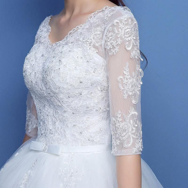 Elegant Half Sleeve Lace Appliques Wedding Dress 2020 O-neck Lace Up | EdleessFashion