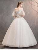 Elegant White Wedding Dresses Lace Up Appliques Off The Shoulder Ball Gown | EdleessFashion
