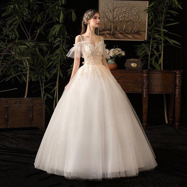 Elegant Wedding Dresses Spaghetti Straps Ball Gown Appliques Lace Up | EdleessFashion