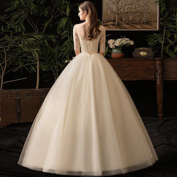 Elegant Wedding Dresses Lace Up O-Neck Short Sleeve Embroidery Ball Gown | EdleessFashion