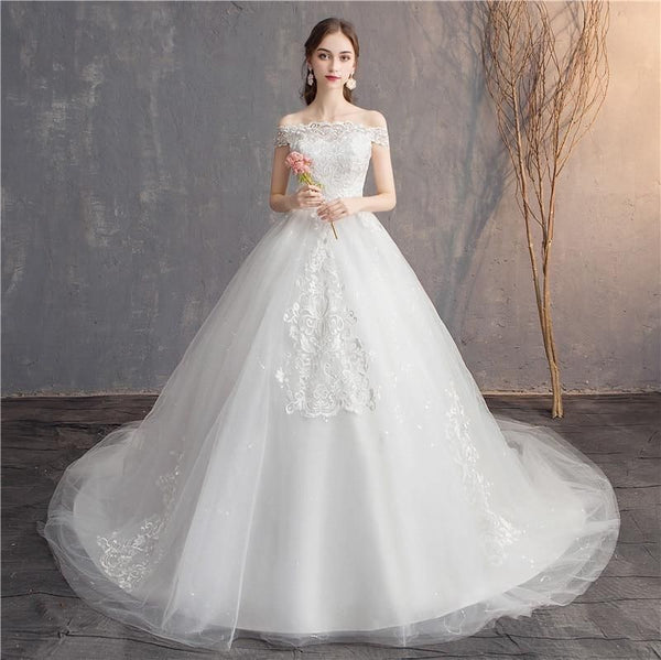 Wedding Dress Lace Embroidery Long Train Wedding Gown | EdleessFashion
