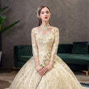 New Gold Luxury Long Train High Neck Full Sleeve Wedding Dress Lace Applique | EdleessFashion