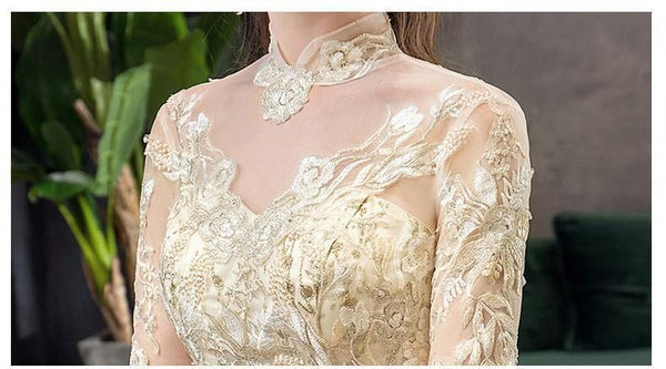 New Gold Luxury Long Train High Neck Full Sleeve Wedding Dress Lace Applique | EdleessFashion