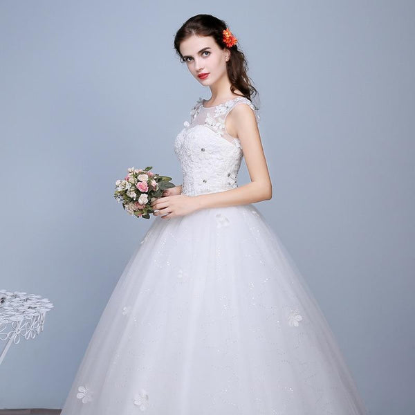 White Wedding Dresses Ball Gown O-Neck Sleeveless Appliques Beaded Lace Up - EdleessFashion