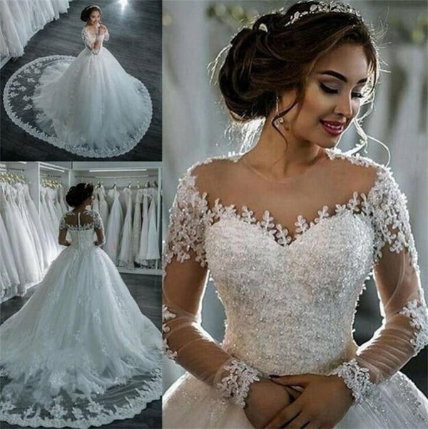 Elegant A-Line Tulle  Beaded Wedding Dress with Court Train | EdleessFashion