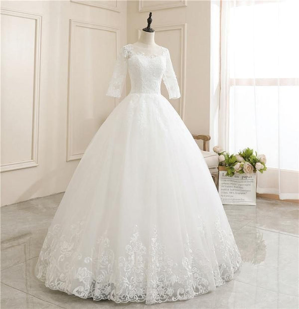 Luxurious O Neck Half Sleeve Fashion Slim Lace Embroidery Lace Up Wedding Gown | EdleessFashion