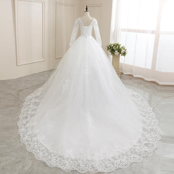 Embroidery Half Sleeve Lace  Long Train Wedding Gown | EdleessFashion