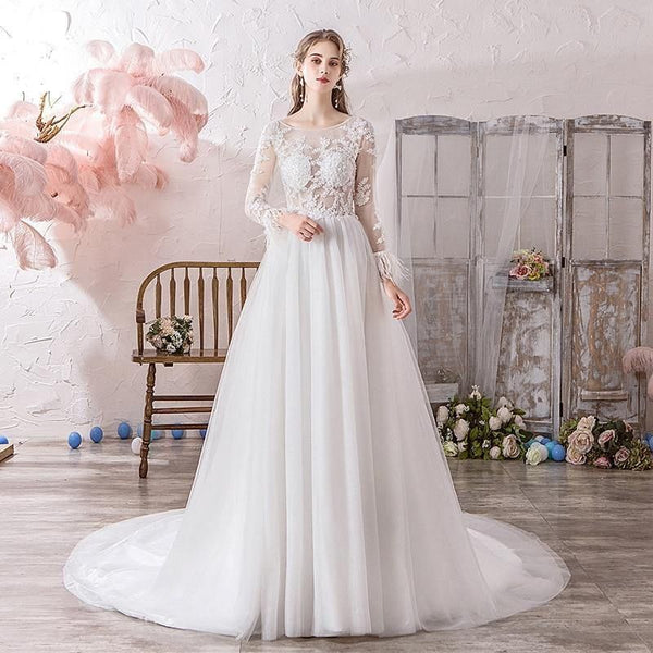 Noble Lace O Neck Full Sleeve Wedding Dress A-line With Train | EdleessFashion