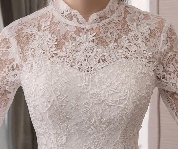 White Wedding Dresses Half Sleeve High Neck Lace Appliques Ball Gown - EdleessFashion