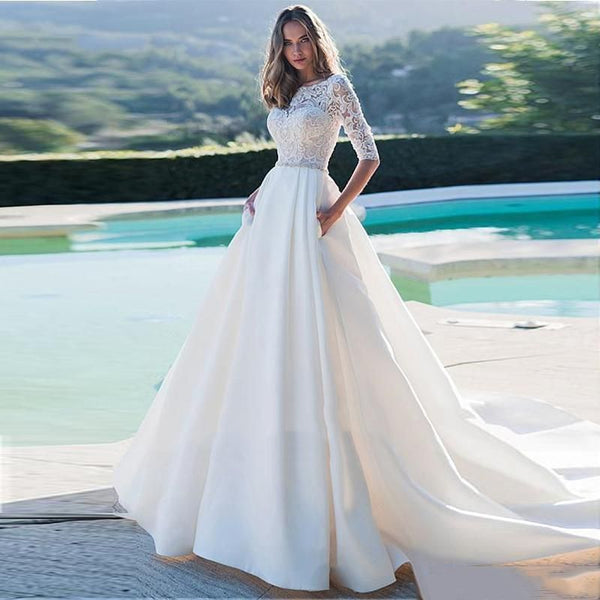 Princess Wedding Dress Half Sleeves With Pockets | EdleessFashion