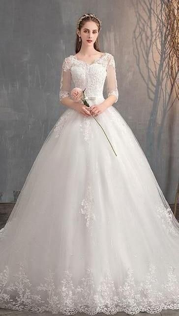 Sexy Embroidery Half Sleeve Train Wedding Dress | EdleessFashion