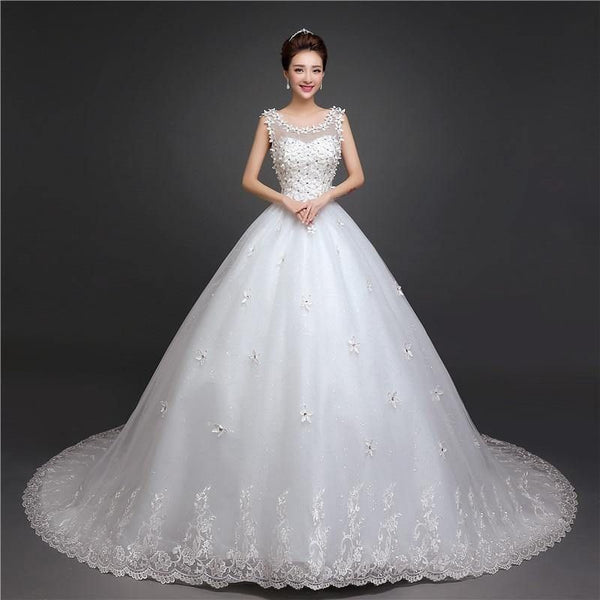 New Arrival O Neck Applique Long Train Wedding Dress Elegant Lace Up | EdleessFashion