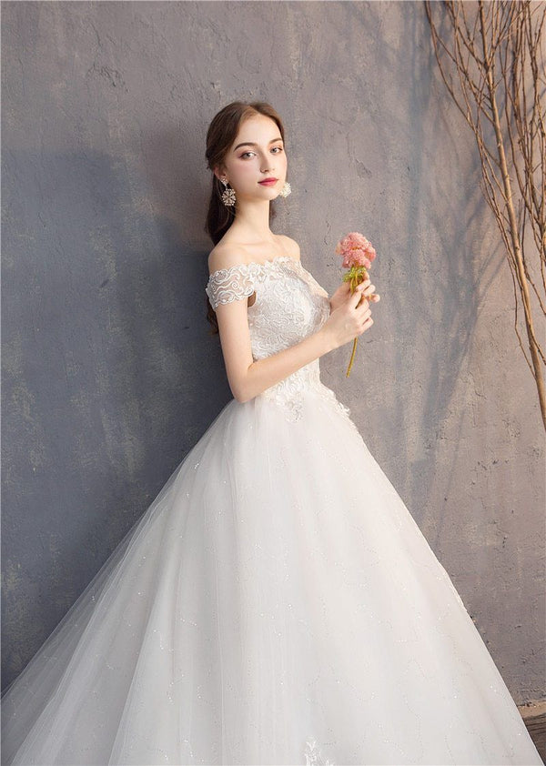 Wedding Dress Lace Embroidery Long Train Wedding Gown | EdleessFashion