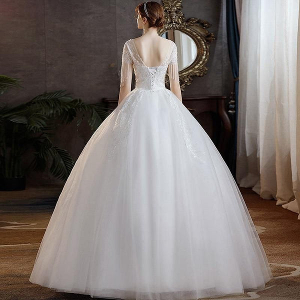 High-quality O Neck Short Sleeve Wedding Dress Beautiful Lace Beading Bridal Gown | EdleessFashion