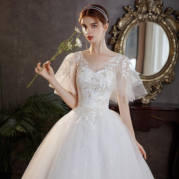 Sexy V Neck Simple Plus Size Wedding Dress Lace Flower Dress - EdleessFashion
