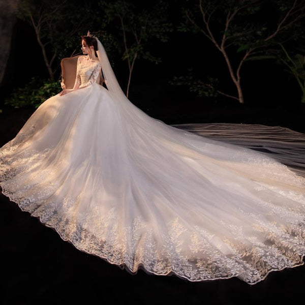 Sexy Wedding Dress With Train Simple O Neck Half Sleeve Beautiful Lace Dress - EdleessFashion