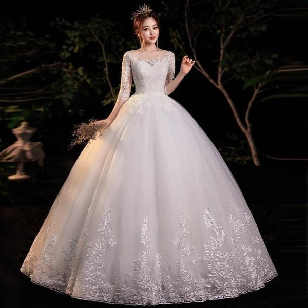 Sexy Wedding Dress With Train Simple O Neck Half Sleeve Beautiful Lace Dress - EdleessFashion