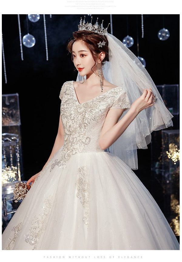 Sexy Tulle V-neck Lace Up Ball Gown Princess Wedding Dresses - EdleessFashion