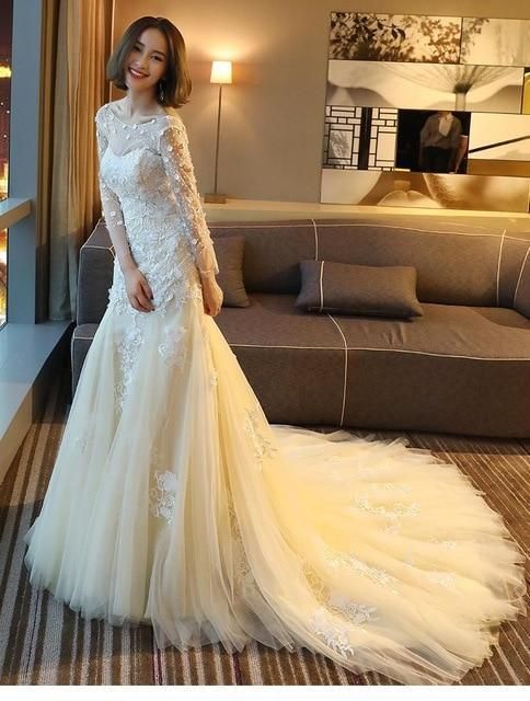 Sexy New Full Sleeve Mermaid Lace with Sweep Train Lace Up Vintage Wedding Dress - EdleessFashion
