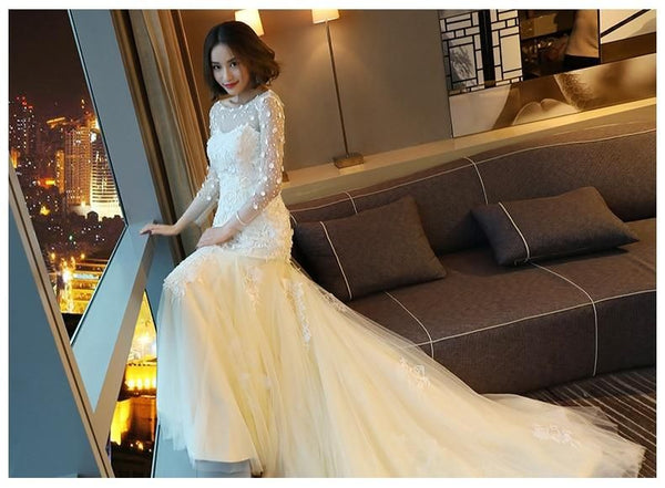 Sexy New Full Sleeve Mermaid Lace with Sweep Train Lace Up Vintage Wedding Dress - EdleessFashion