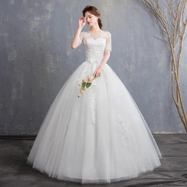 New Vintage Wedding Dress Short Sleeve Elegant O Neck Lace | EdleessFashion