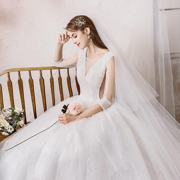 High-Grade V Neck Three Quarter Sleeve Wedding Dress | EdleessFashion