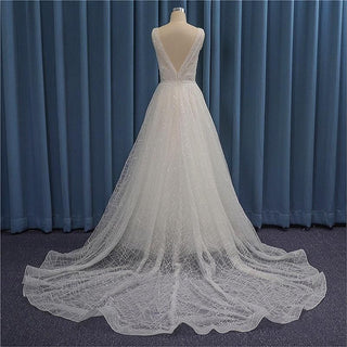 Shiny Simple Wedding Dress V-Neck A-Line Gown | EdleessFashion