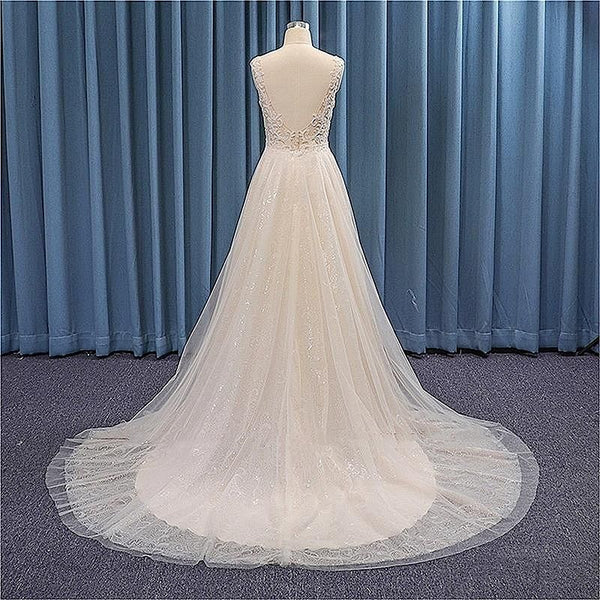 Sparkly Beaded Wedding Dress Sleeveless Gown | EdleessFashion