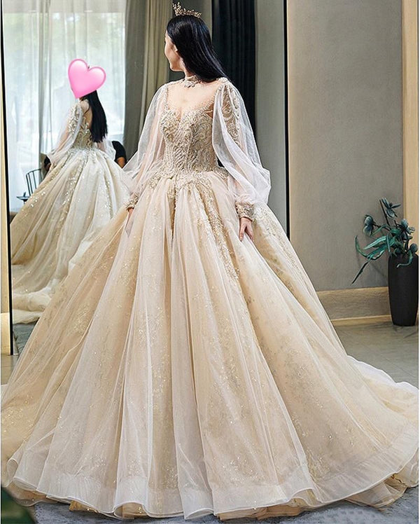 Luxury Court Train Wedding Gown with long sleeves | EdleessFashion