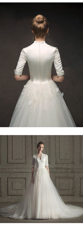 New Luxury Wedding Dress Half Sleeves Satin Gown | EdleessFashion