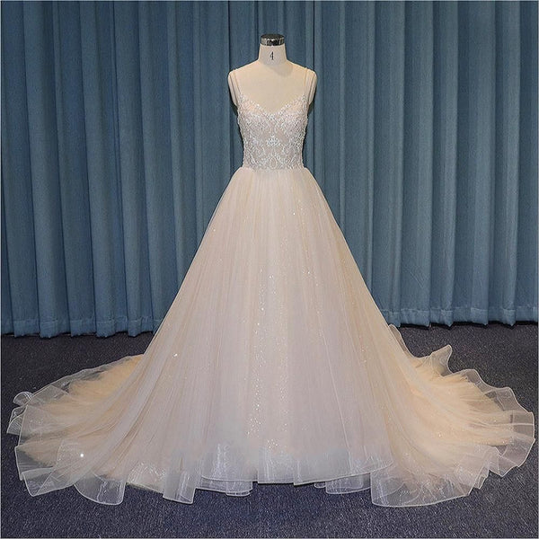 Shiny Luxury Wedding Dress with Spaghetti Straps | EdleessFashion